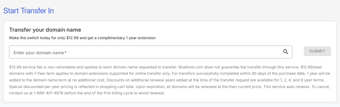 Start Transfer In - Enter domain