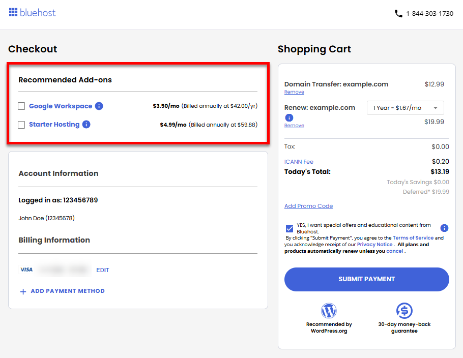 Domain Transfer - Checkout page - Addons