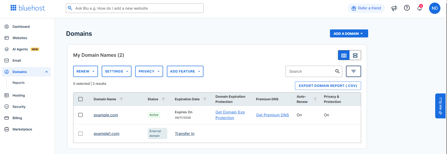 Bluehost Portal - Domains tab interface