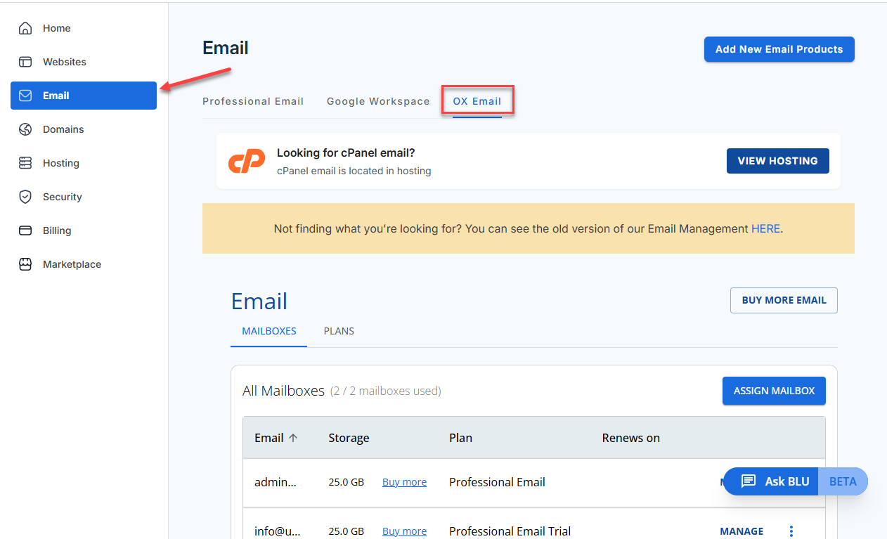 Bluehost Account Manager Email & Office- OX Email