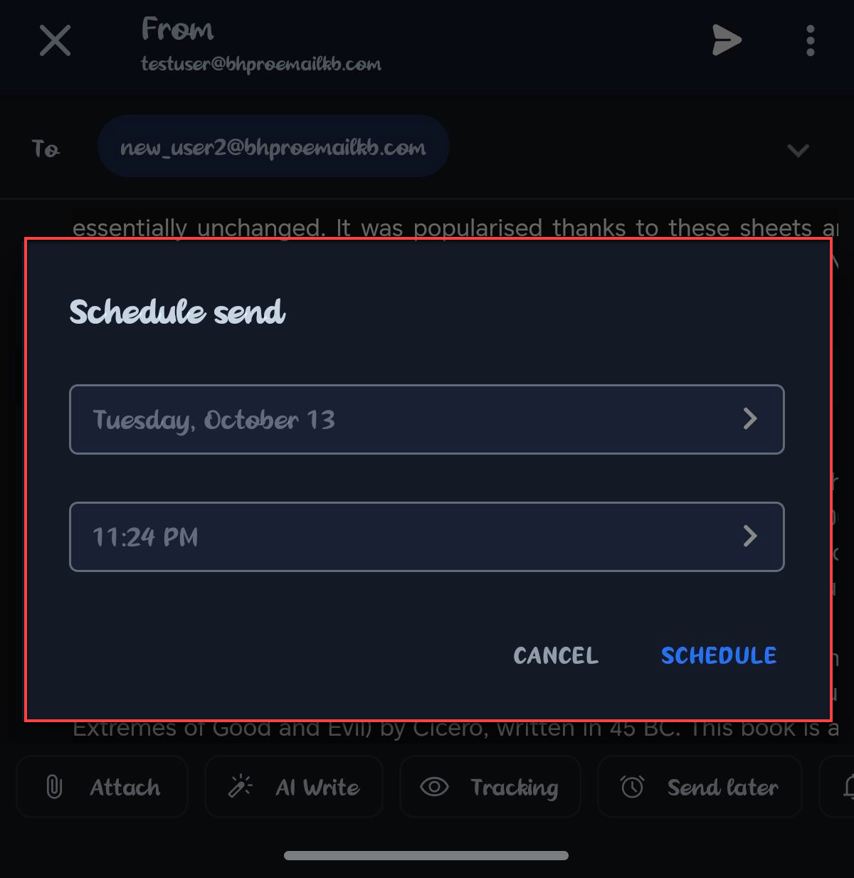 Professional Email Android - Send Later - Pick a date and time - Schedule send