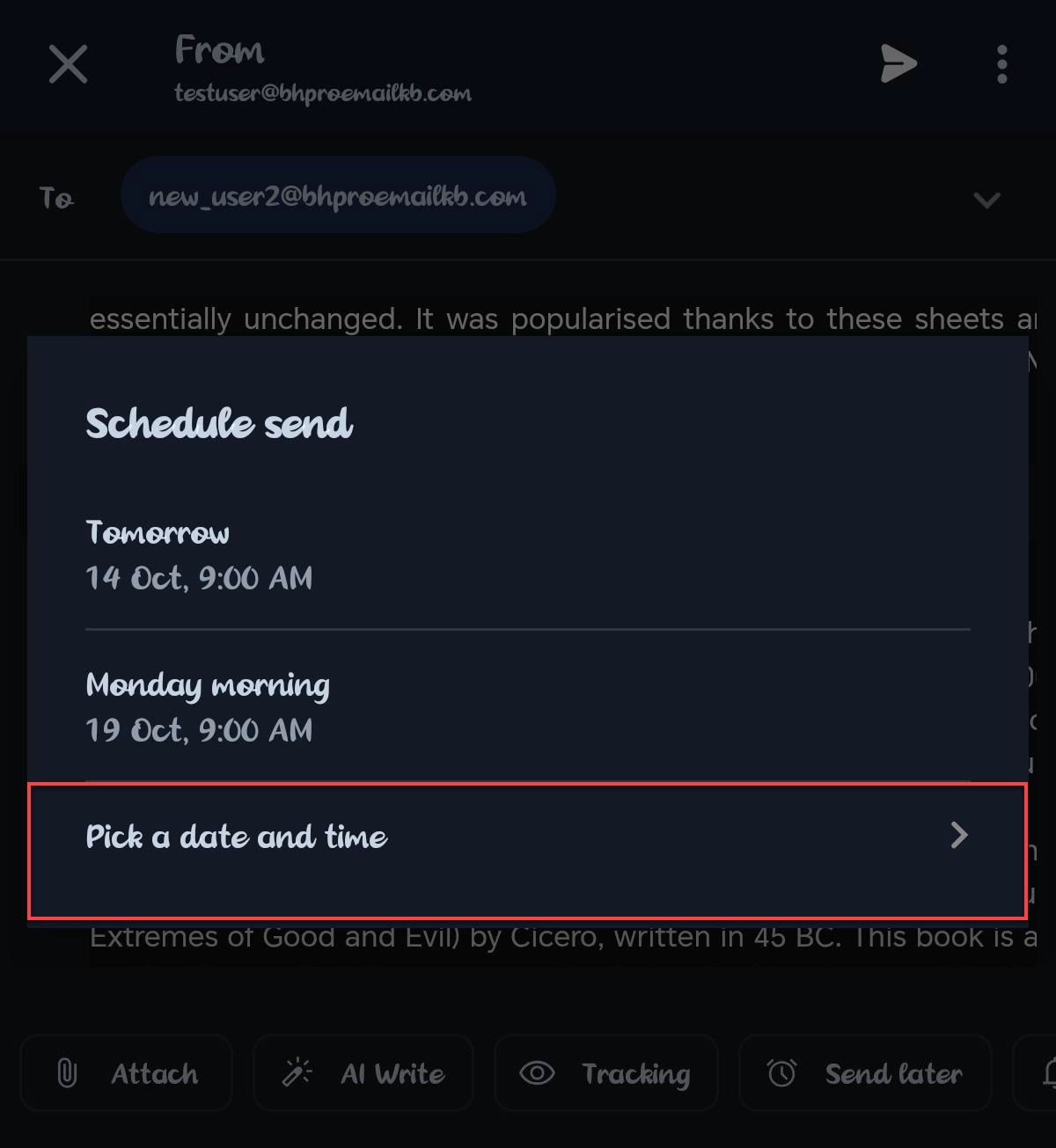 Professional Email Android - Send Later - Pick a date and time