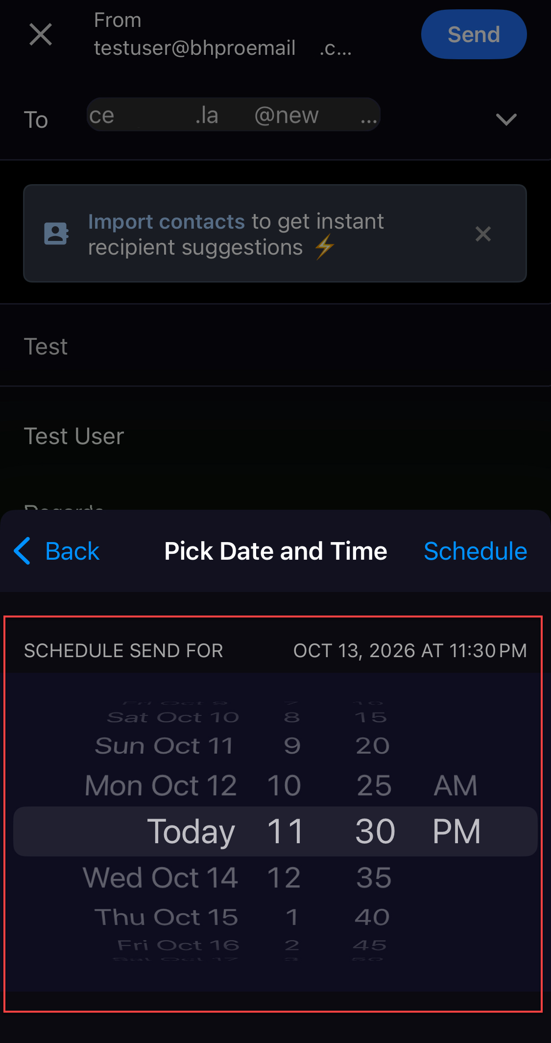 Professional Email iOS- Send Later - Pick a date and time - Schedule send