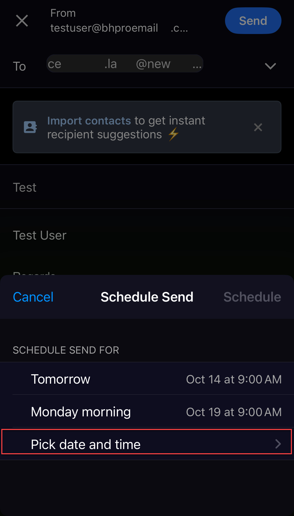 Professional Email iOS - Send Later - Pick a date and time