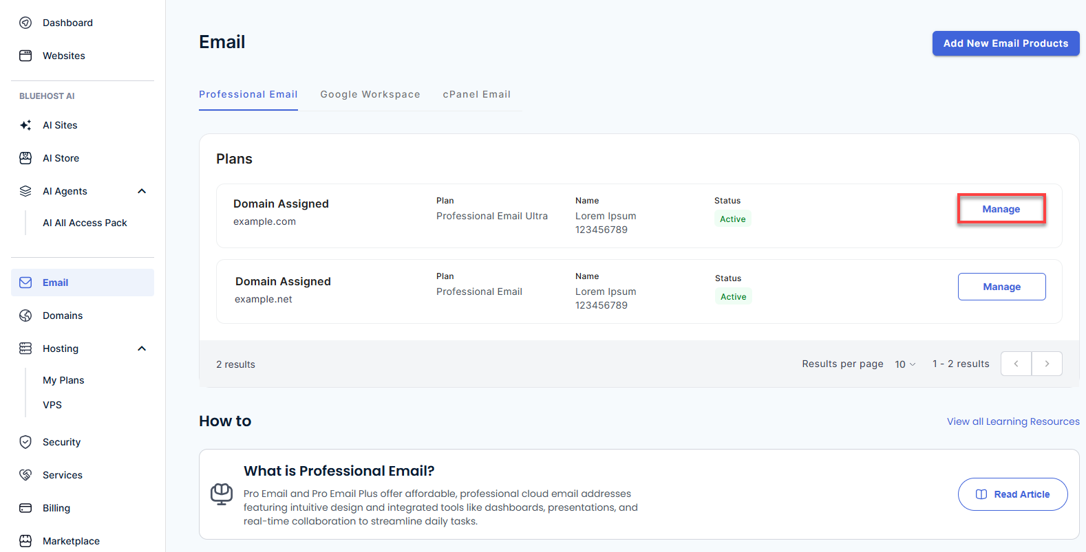 Professional Email - Manage