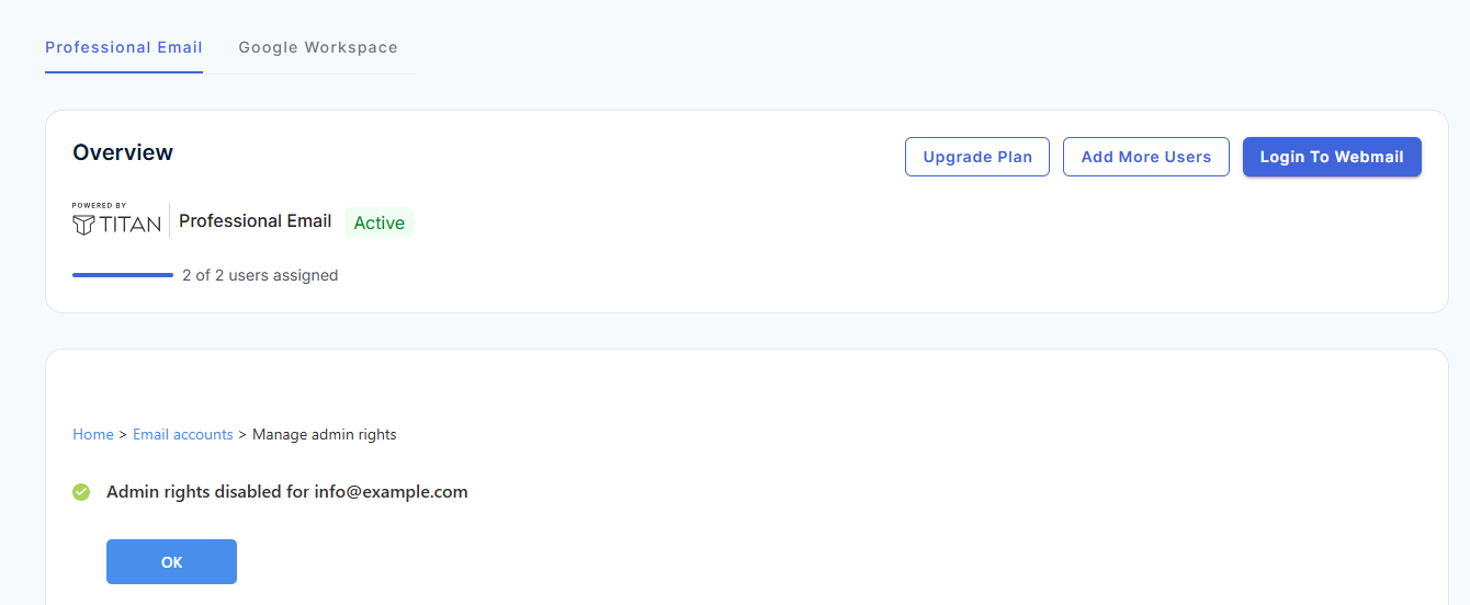 Professional Email - Email Accounts - Disable Admin Rights Confirm OK