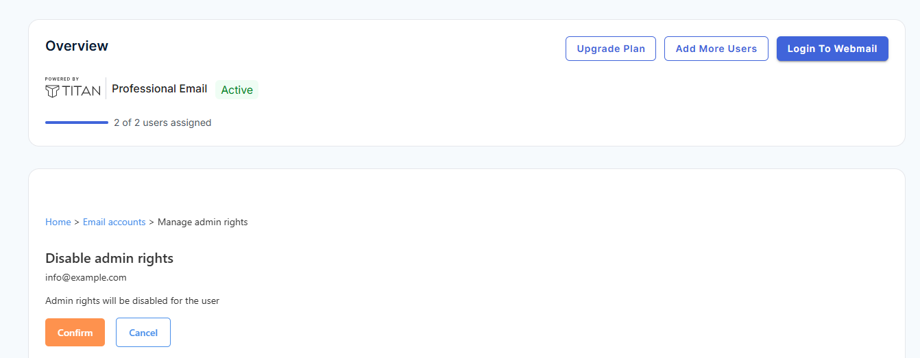 Professional Email - Email Accounts - Disable Admin Rights Confirm