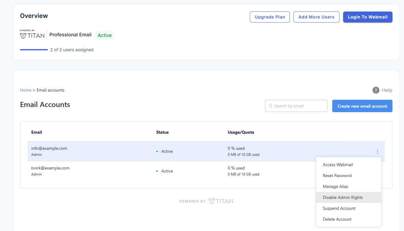 Professional Email - Email Accounts - Disable Admin Rights