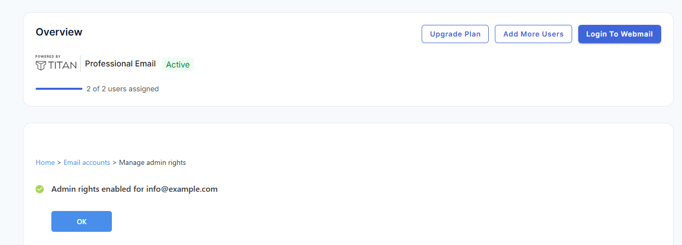 Professional Email - Email Accounts - Make Admin Confirm OK