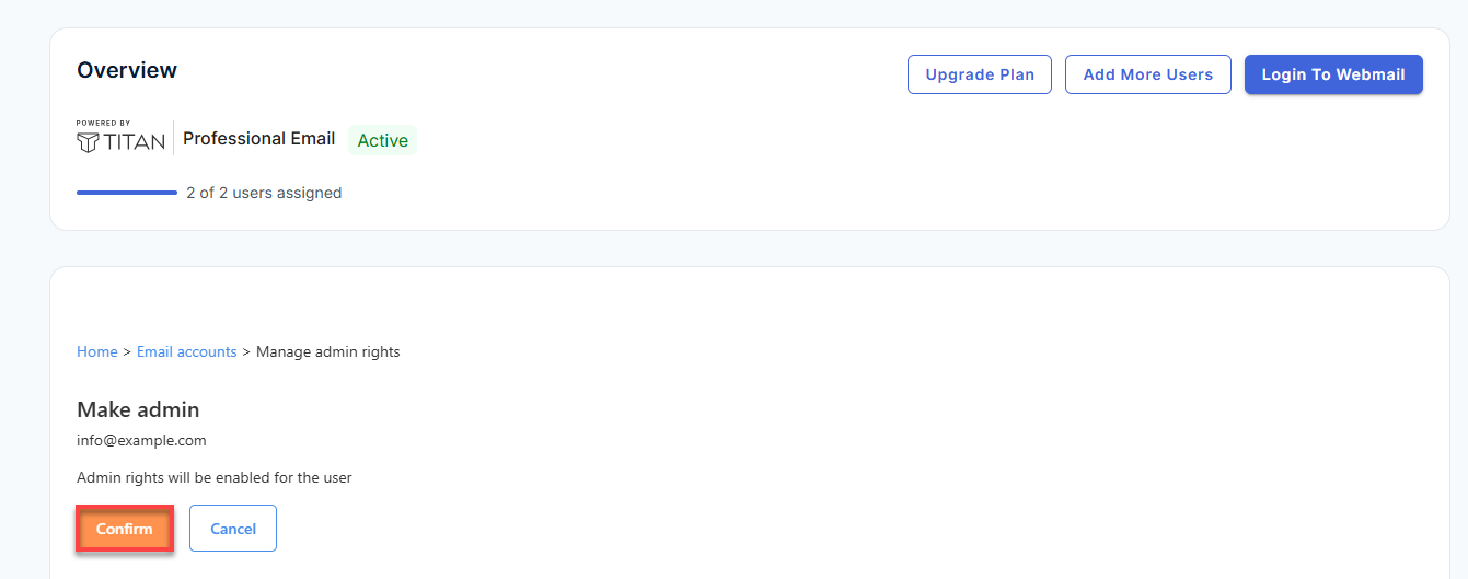 Professional Email - Email Accounts - Make Admin Confirm