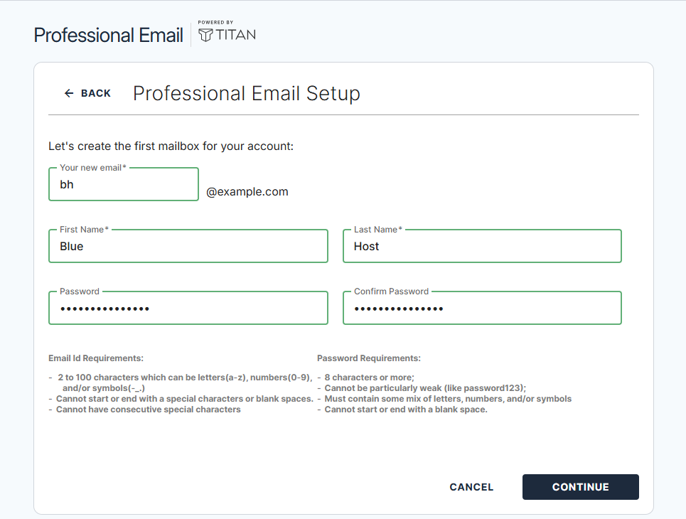 BH Email tab - Professional Email Set Up Create Account