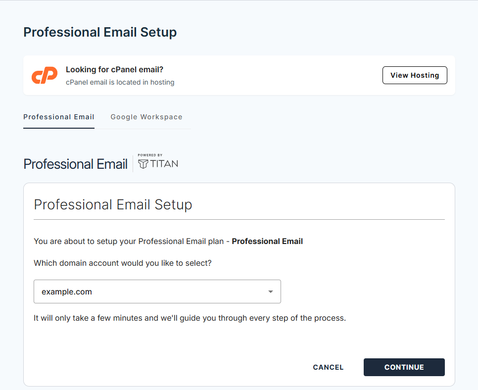 BH Email tab - Professional Email Set Up Select Domain