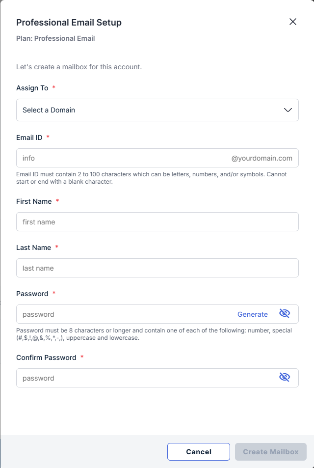 Professional Email - Setup Panel