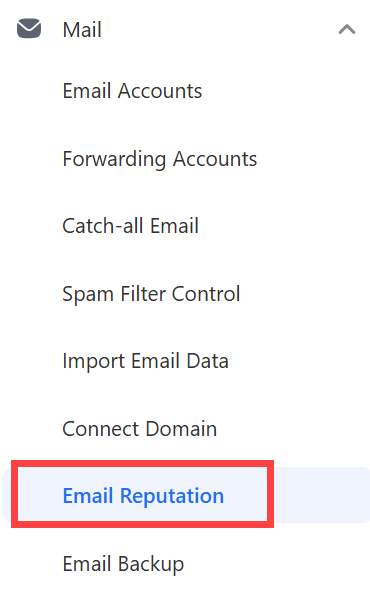 Email Reputation option in the Email Control Panel menu