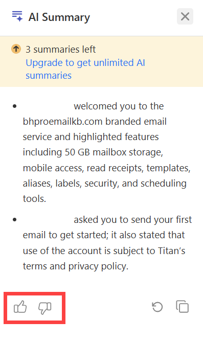 Thumbs up, thumbs down, and Copy icons at the bottom of the AI Summary panel