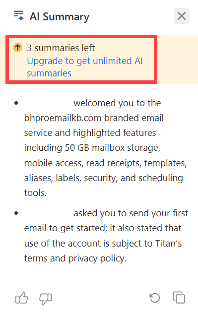 Upgrade link in the AI Summary panel banner