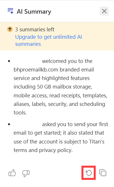 Regenerate icon next to the Copy icon in the AI Summary panel