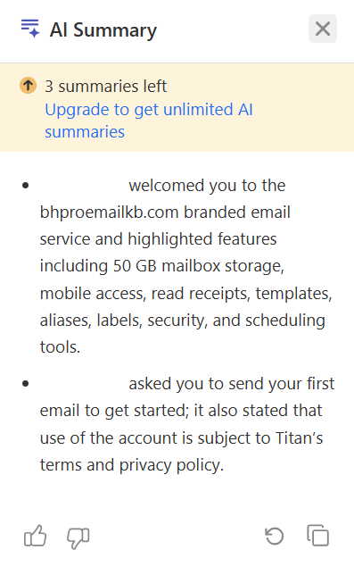 AI Summary panel showing a bulleted summary of an email