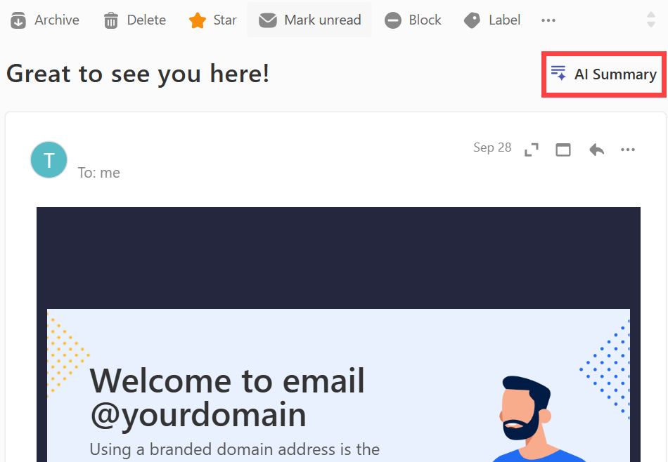 AI Summary button at the top right of an email