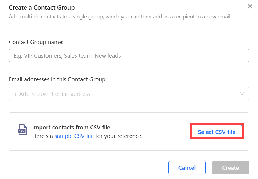 Select CSV file button in the Create a Contact Group window