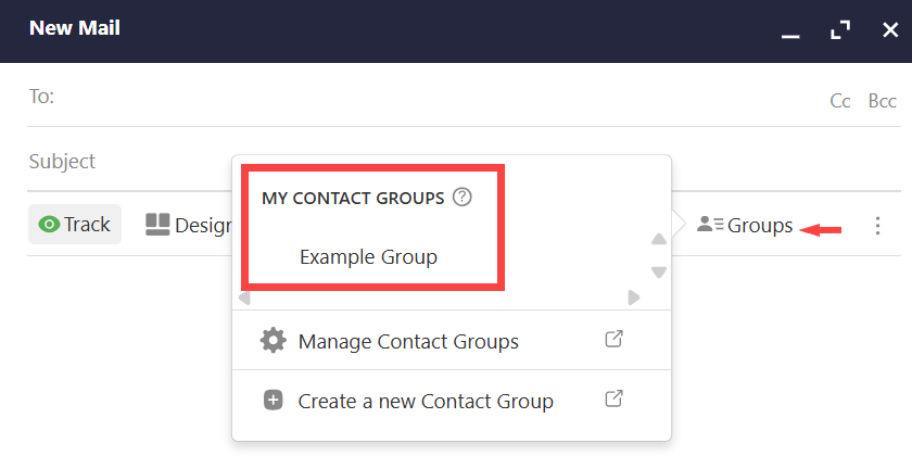 Groups menu listing an existing contact group