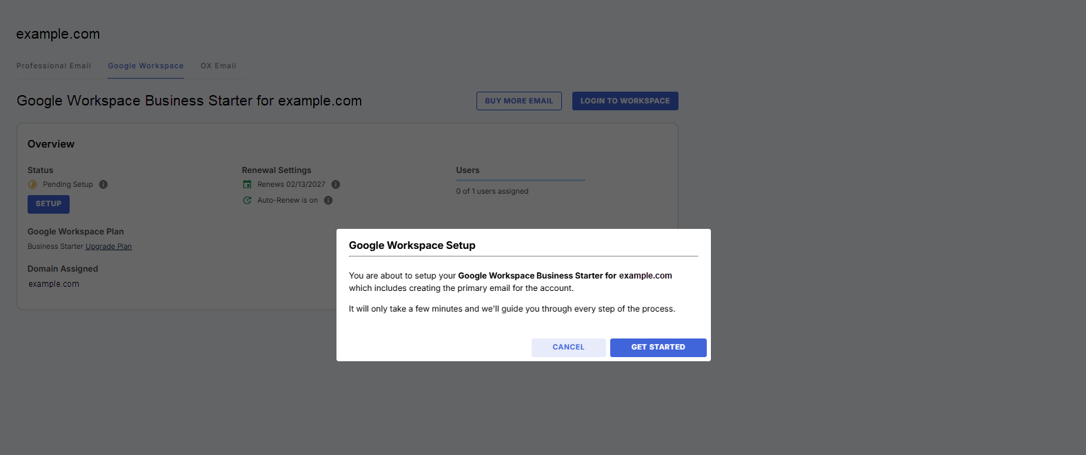 Bluehost Portal - Google Workspace tab - Get Started