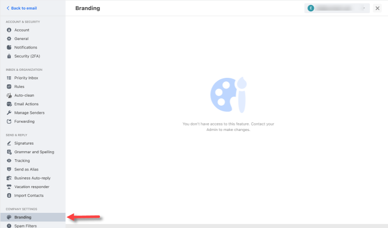 Professional Email dashboard - Company Settings - Branding - Non-Admin