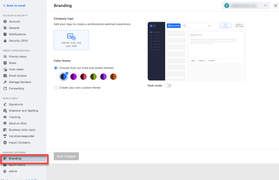 Professional Email dashboard - Company Settings - Branding