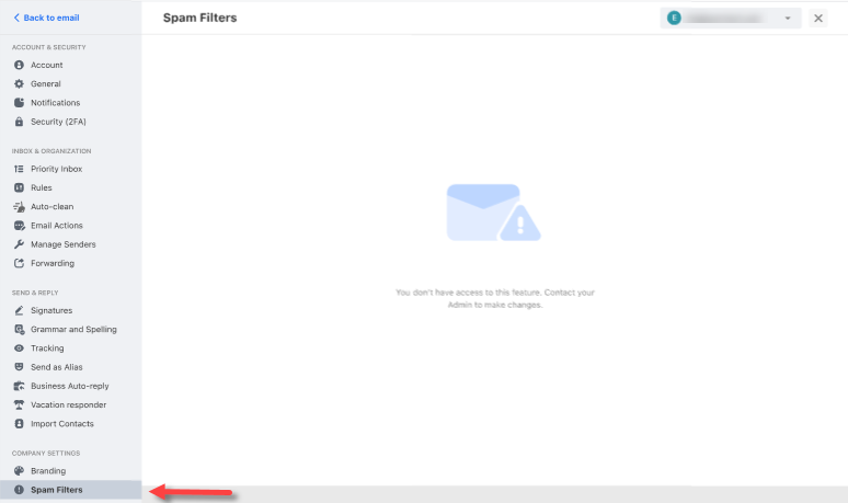 Professional Email dashboard - Company Settings - Spam Filters - Non-Admin
