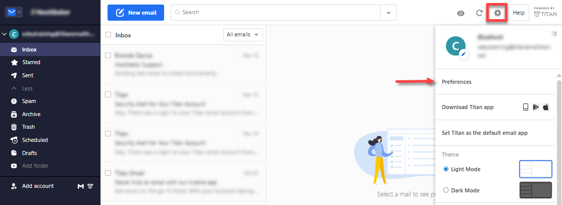 Professional Email dashboard - Settings icon - Preferences