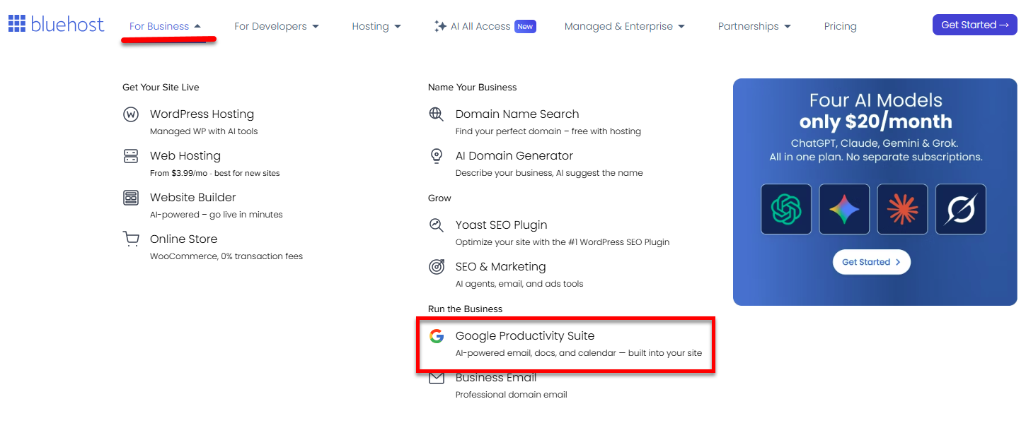 Bluehost.com - For Business tab - Google Productivity  Suite