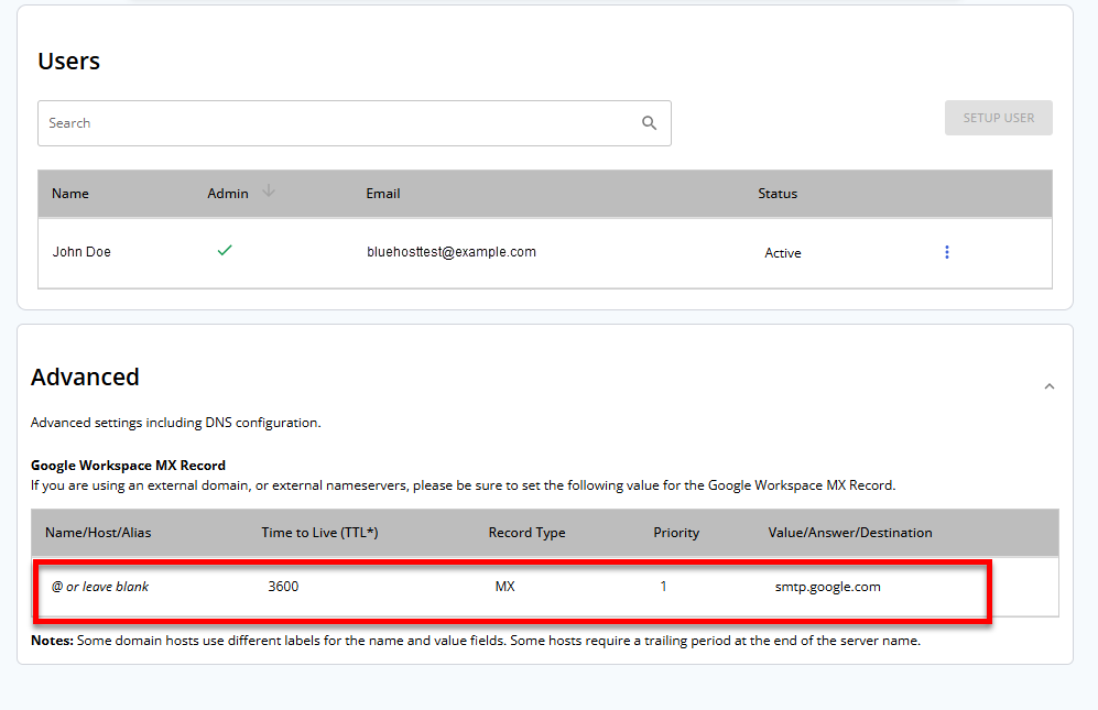 Bluehost Portal - Google Workspace tab - MX record