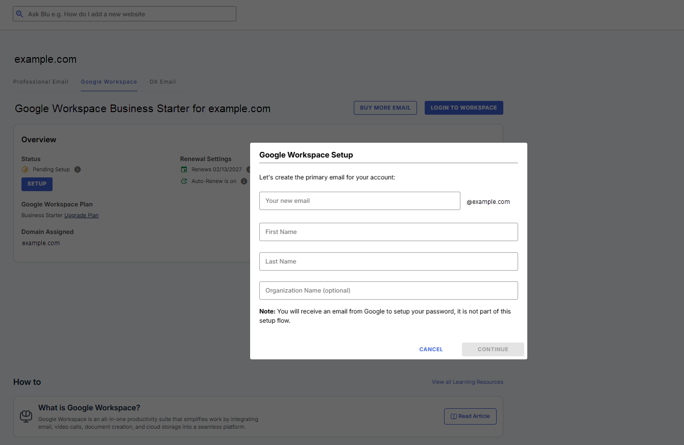 Bluehost Portal - Google Workspace tab - Create primary email
