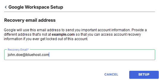Bluehost Portal - Google Workspace tab - Enter recovery email