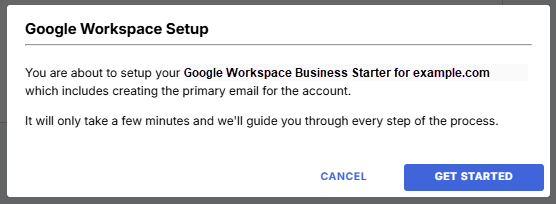 Bluehost Portal - Google Workspace tab - Get started