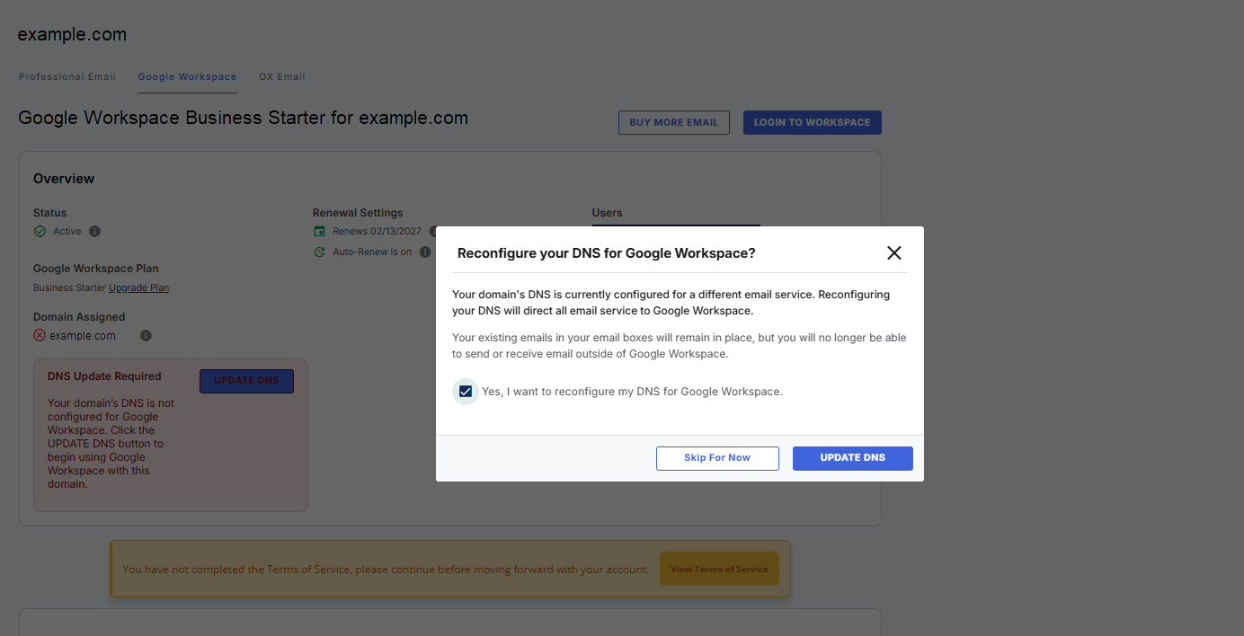 Bluehost Portal - Google Workspace tab - Confirm update DNS