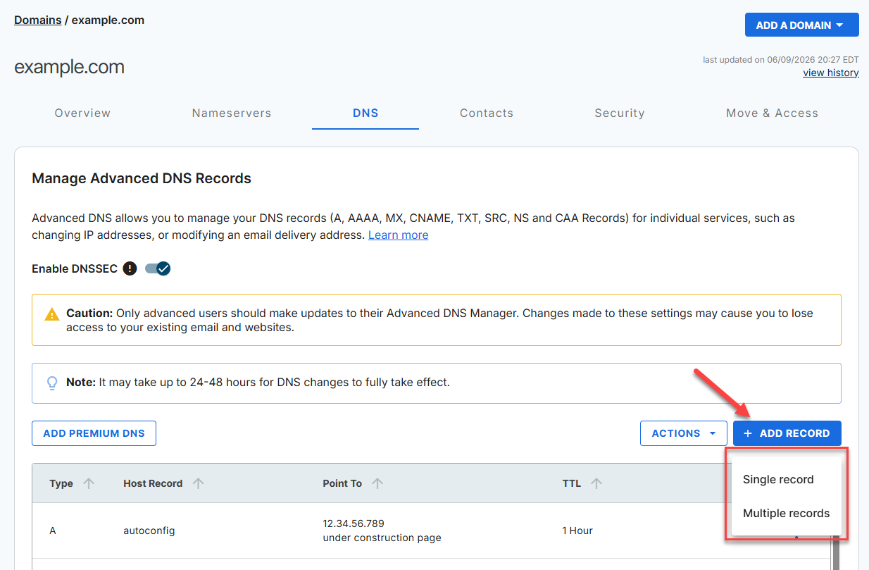 Add Record button on the DNS tab