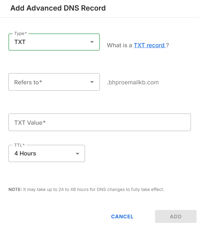 Add Advanced DNS Record window for a TXT record