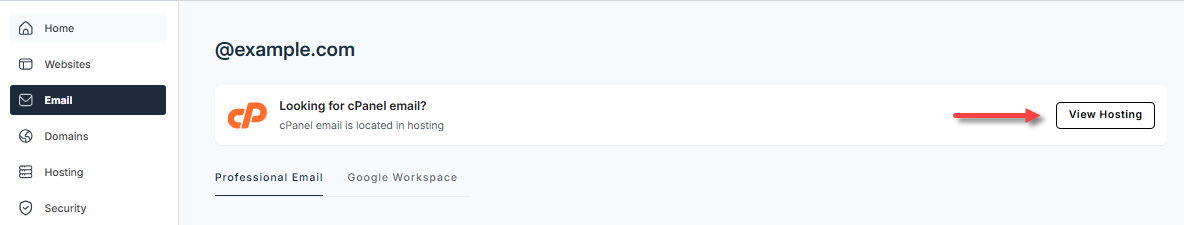 Email tab - cPanel Email tile - View Hosting button