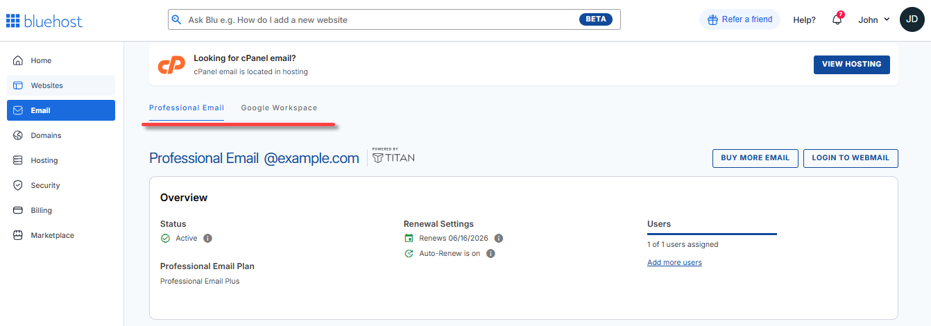 Account Manager - Email Tab - Google Workspace/Professional Email