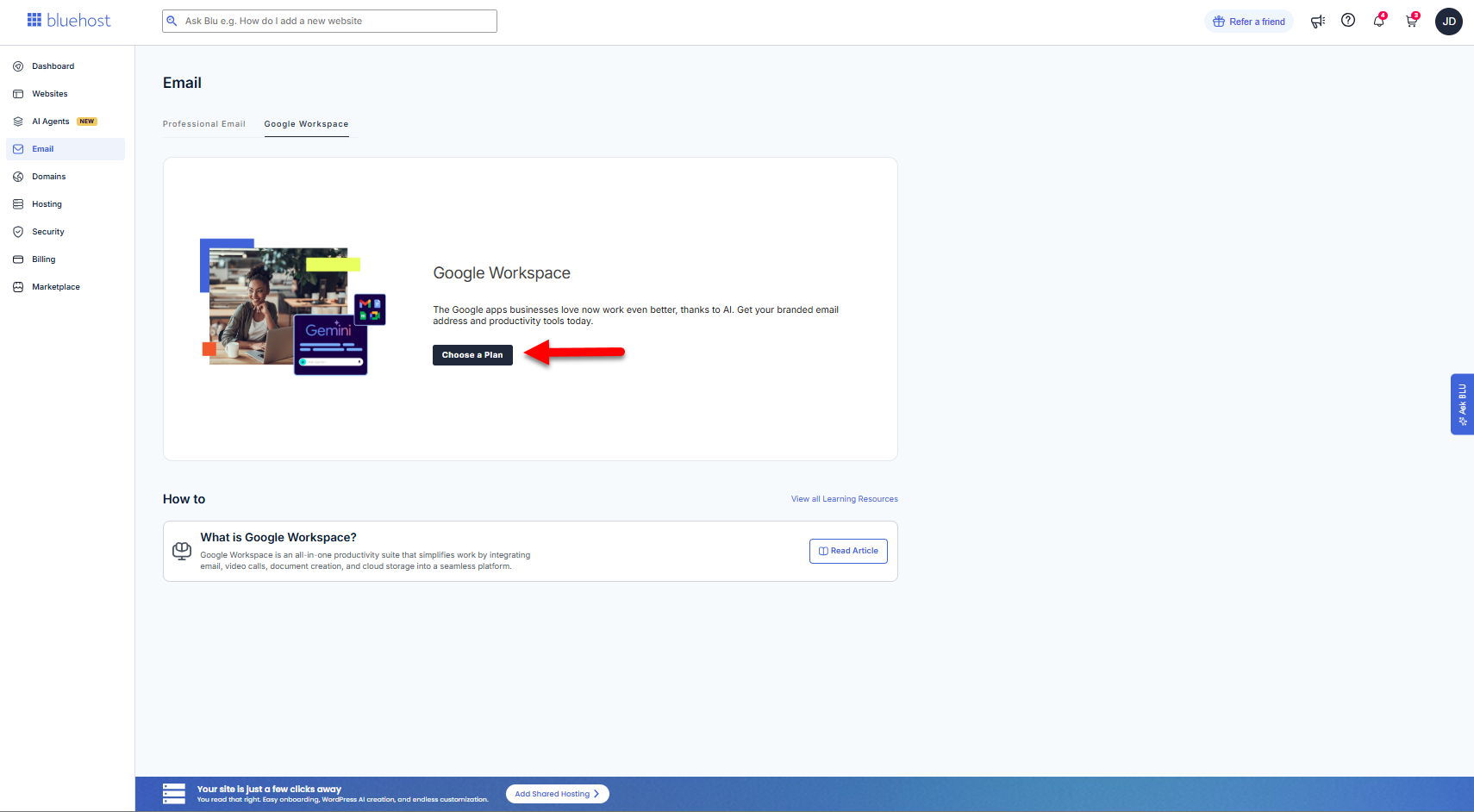 Bluehost Portal - Email tab - Choose a Google Workspace plan