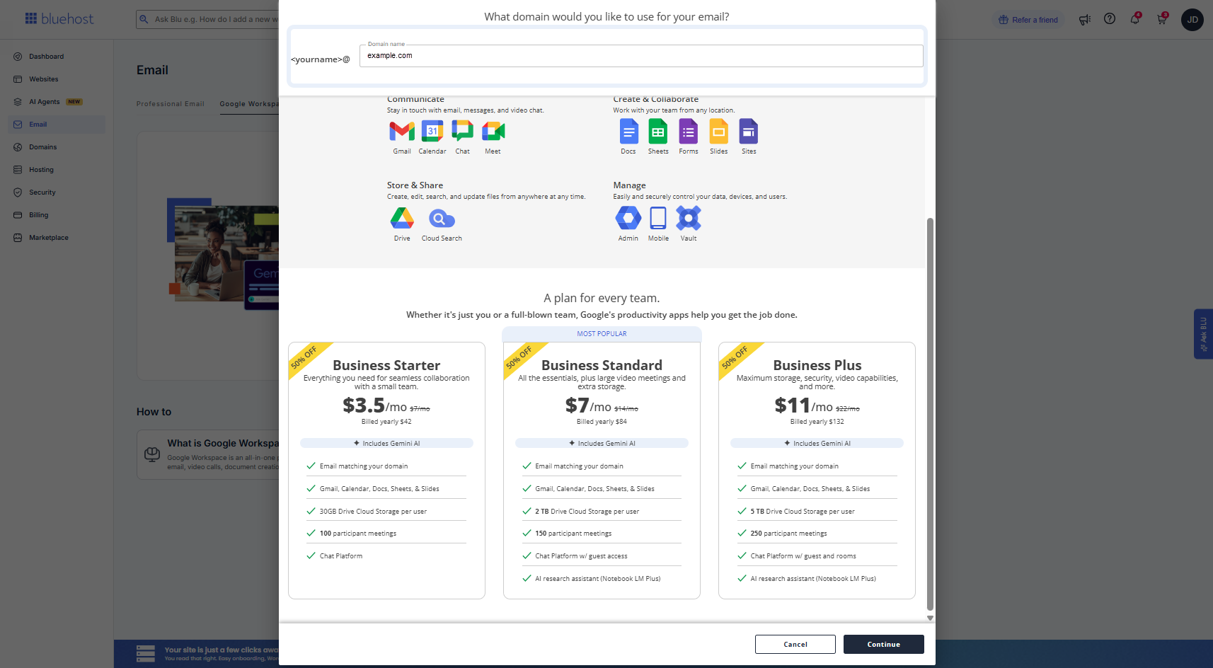Bluehost Portal - Email tab - Continue
