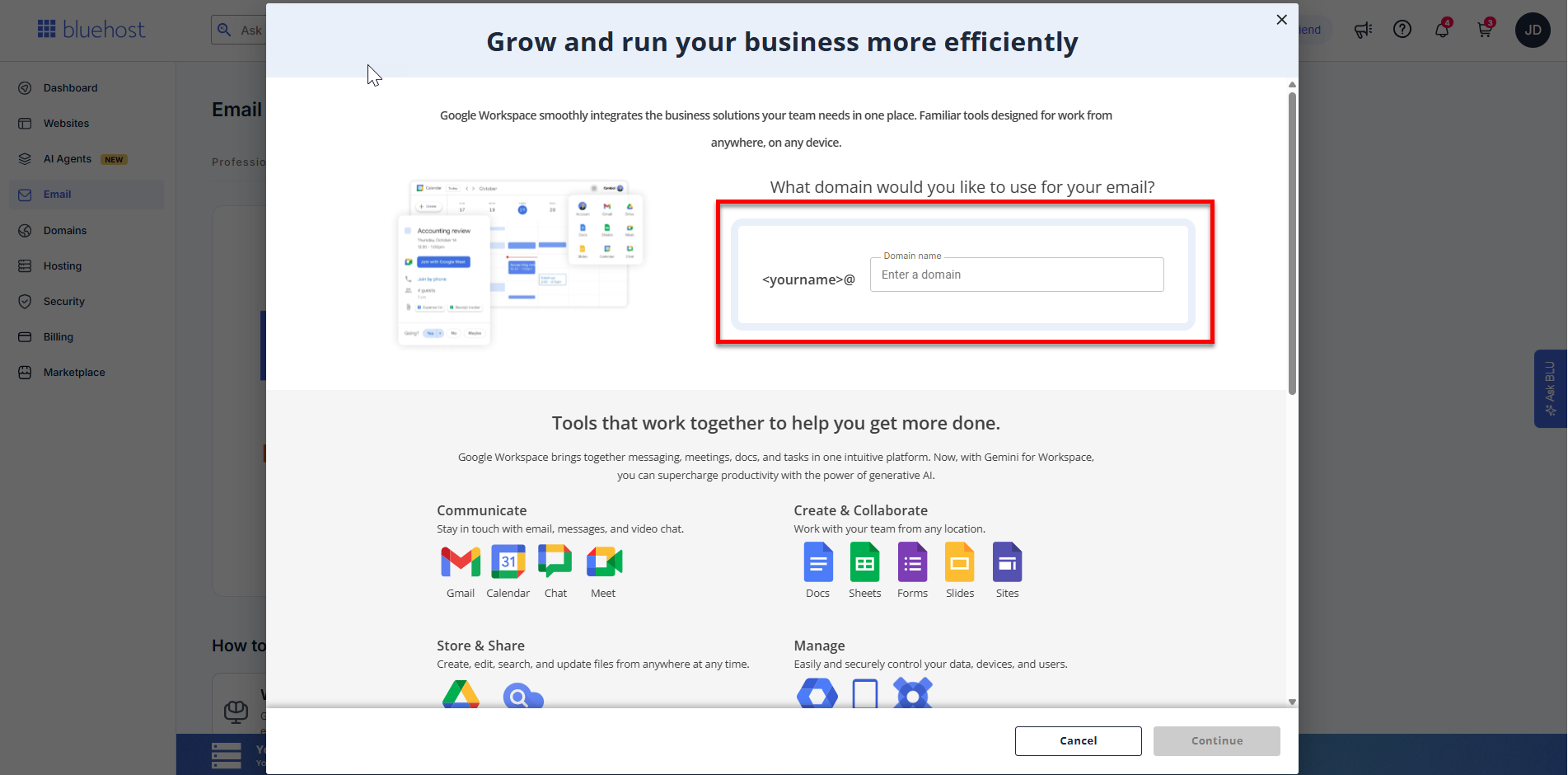 Bluehost Portal - Email tab - Enter a domain