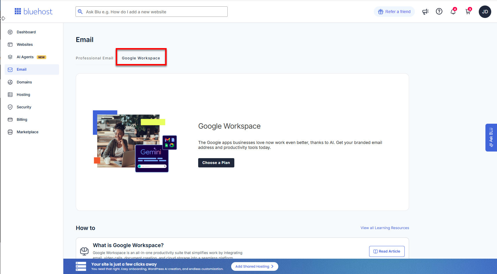 Bluehost Portal - Email tab - Google Workspace