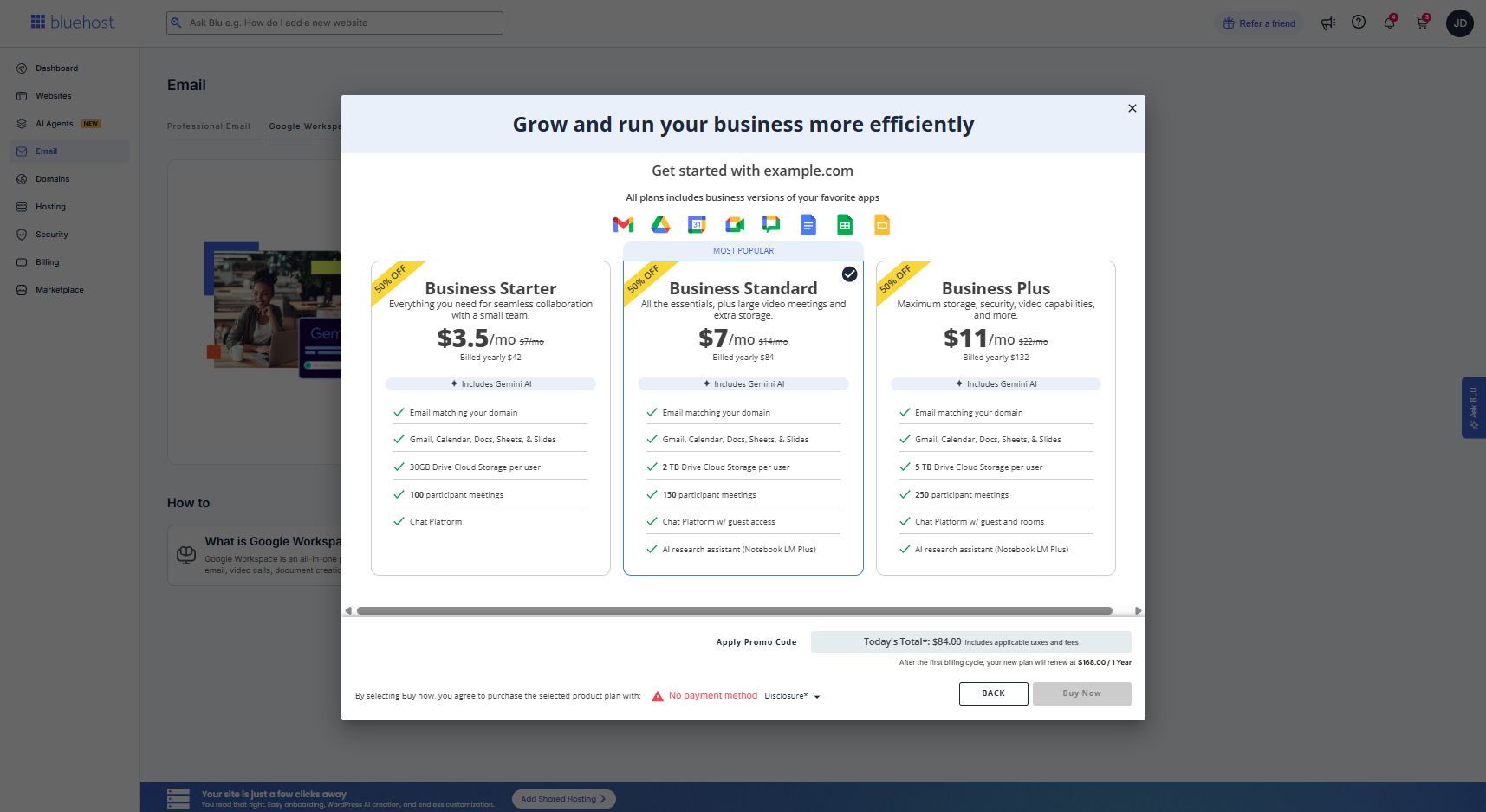 Bluehost Portal - Email tab - Select a plan
