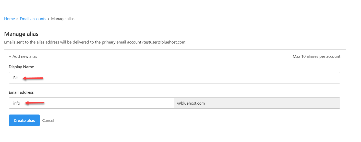 Professional Email Tab - Email Accounts - Manage Alias - Add Alias