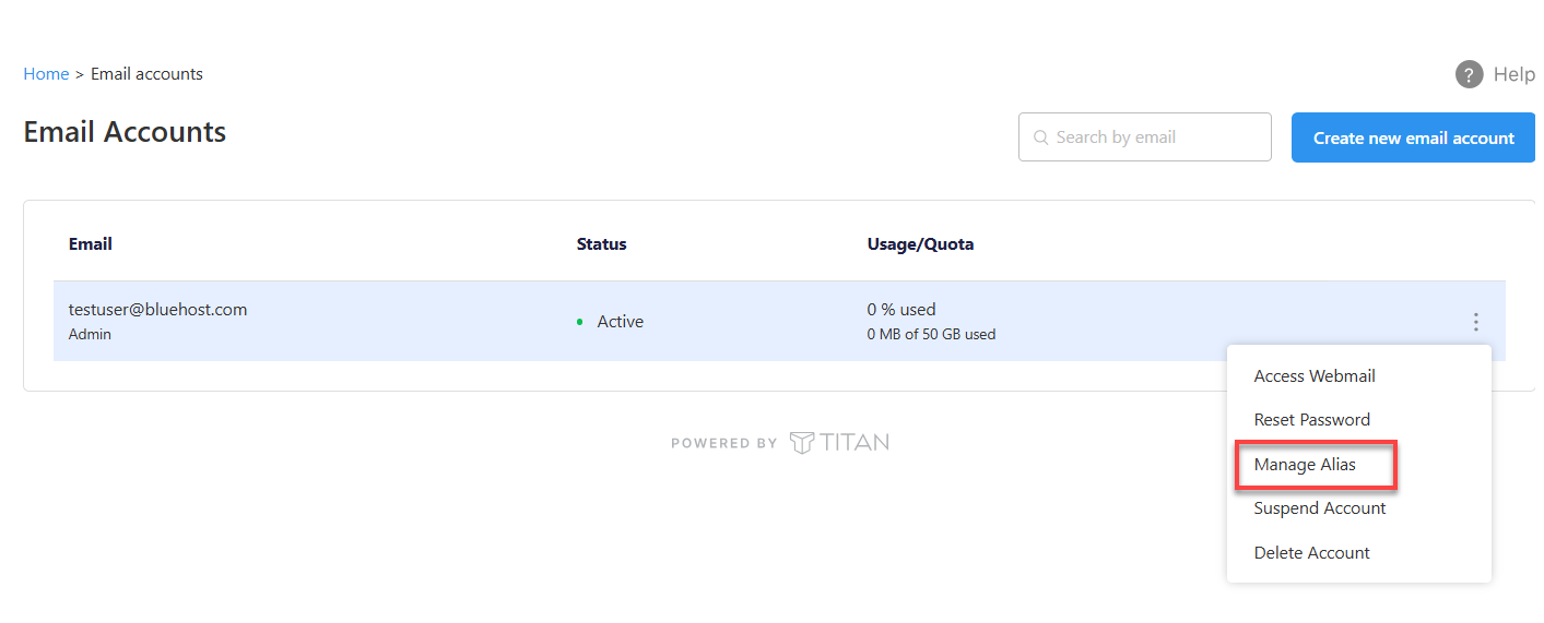 Professional Email Tab - Email Accounts - Manage Alias