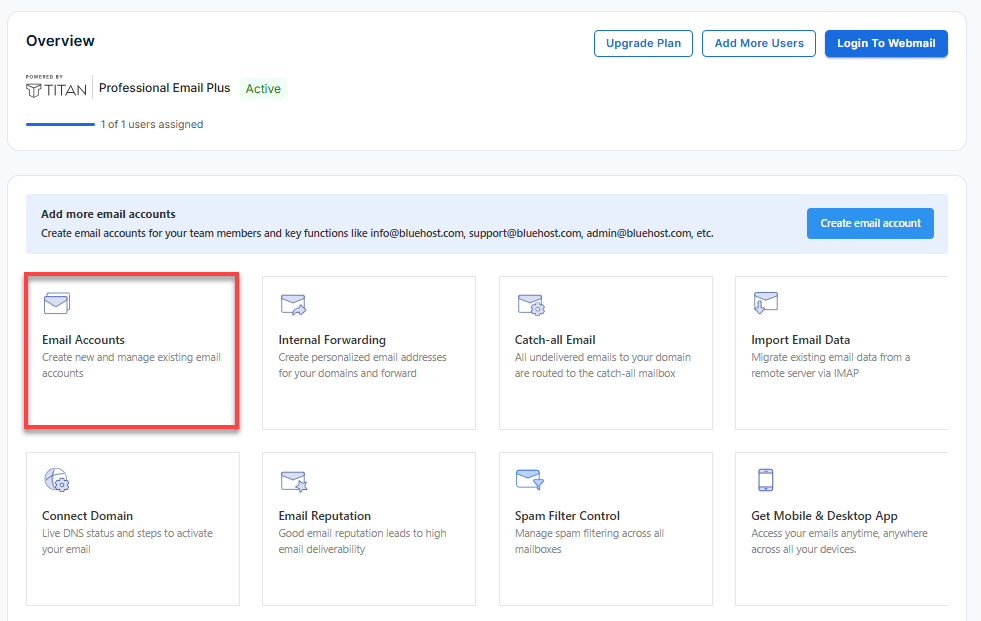 Professional Email Tab - Email Accounts