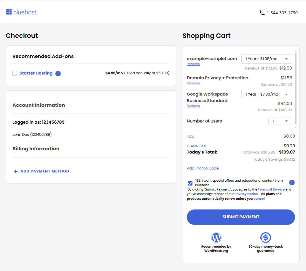 Bluehost Portal - Marketplace - Checkout page