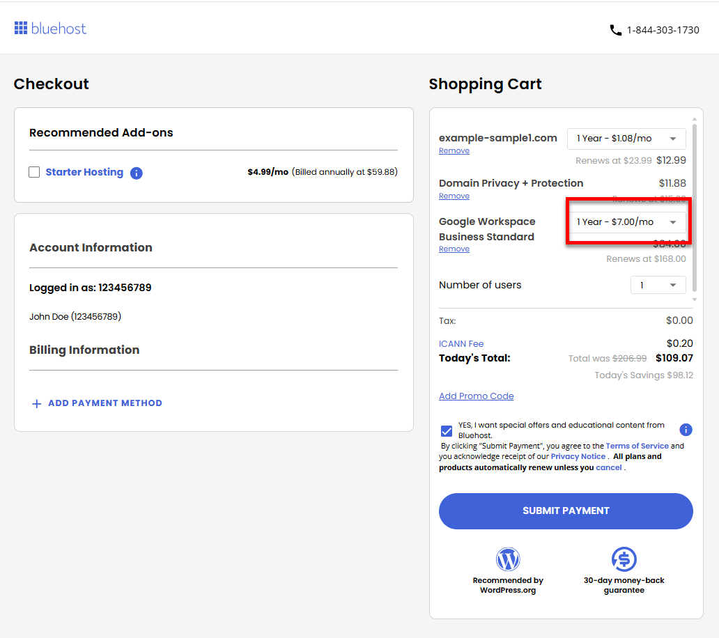 Bluehost Portal - Marketplace - Select billing term